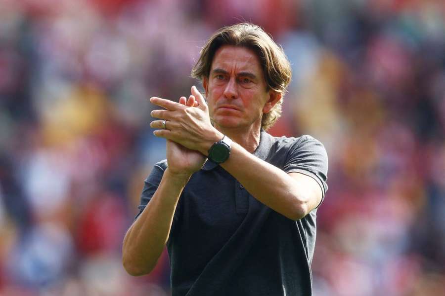 Brentford manager Thomas Frank applauding the supporters after the draw against Spurs