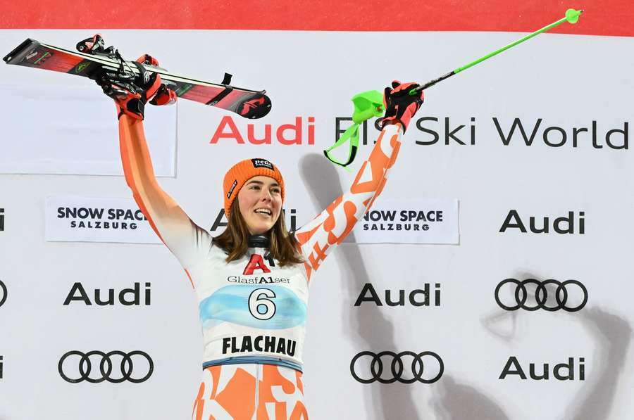 Petra Vlhova celebrates on the podium after the slalom event at the FIS Alpine Skiing Women's World Cup in Flachau, Austria