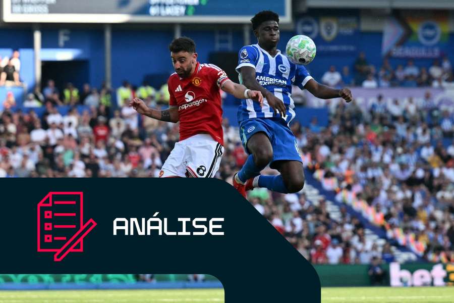 Bruno Fernandes, do Manchester United, disputa a bola com Carlos Baleba, do Brighton Bruno Fernandes, do Manchester United, disputa a bola com Carlos Baleba, do Brighton
