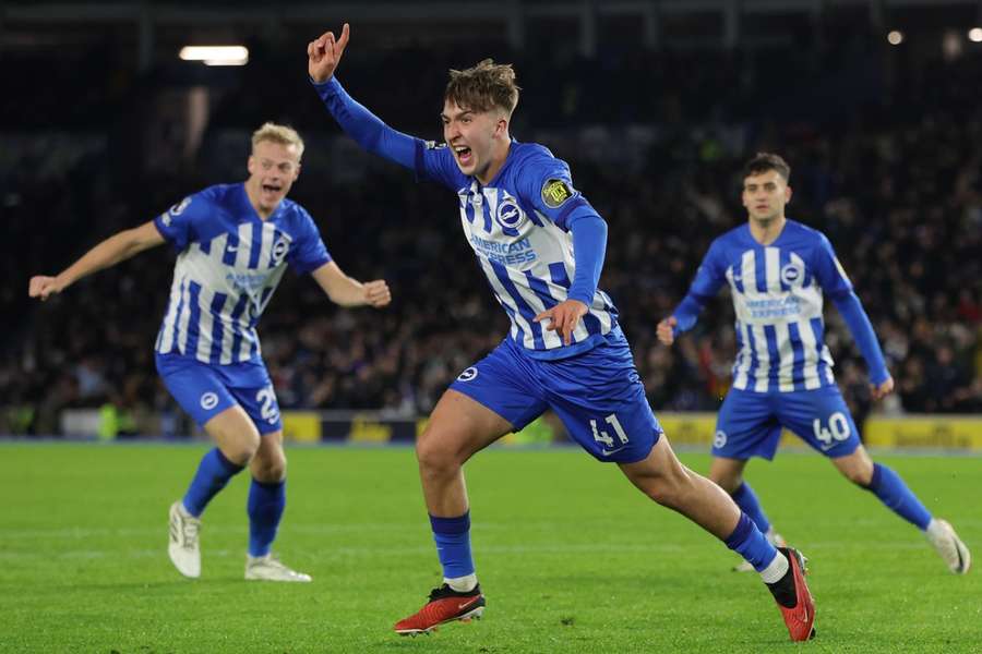 Jack Hinshelwood celebrates giving Brighton the lead against Brentford