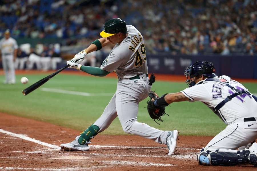 Oakland Athletics designated hitter Ryan Noda  hits a home run