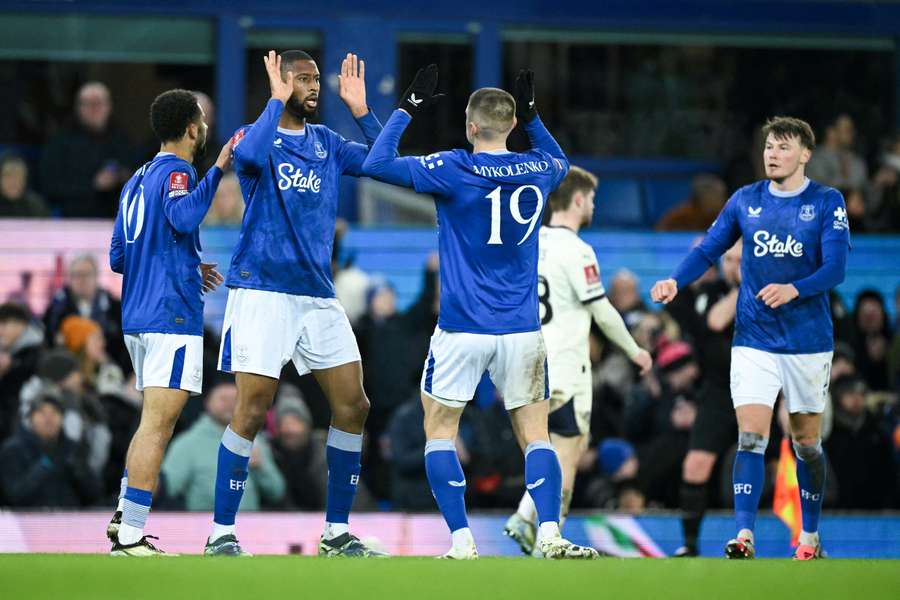 Everton celebrate Beto's first-half goal against Peterborough