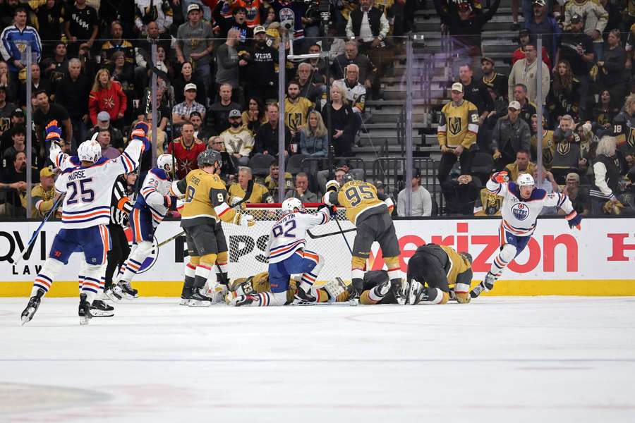 Kasperi Kapanen of the Edmonton Oilers celebrates after scoring a goal during overtime to defeat the Vegas Golden Knights