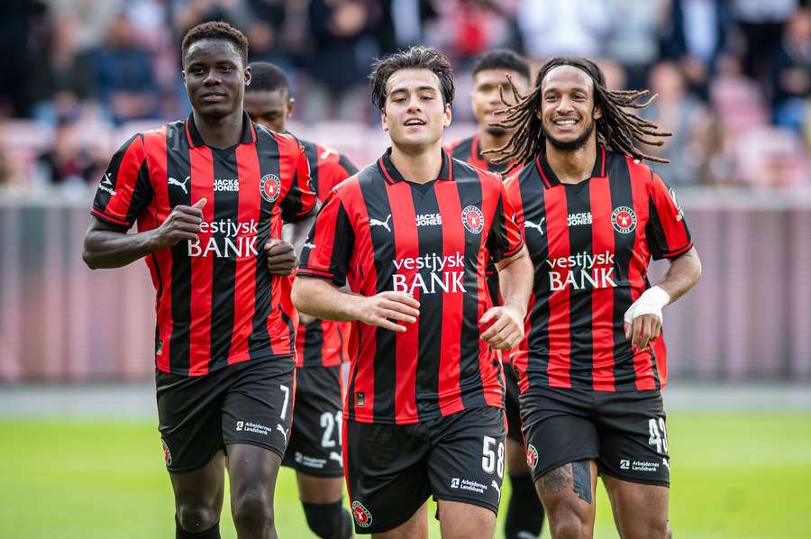 FC Midtjylland's players celebrate the win against Randers