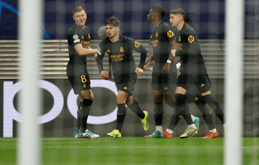 Real Madrid's Spanish forward #21 Brahim Diaz (2nd L) celebrates scoring the opening goal