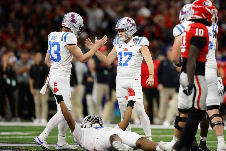 Ole Miss kicker Lucas Carneiro (#17) celebrates after making a field goal in College Football Playoff Ole Miss kicker Lucas Carneiro (#17) celebrates after making a field goal in College Football Playoff