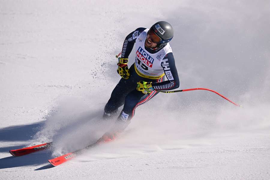 Aleksander Aamodt Kilde reacts after competing during the Men's Downhill event of the FIS Alpine Ski World Championship 2023