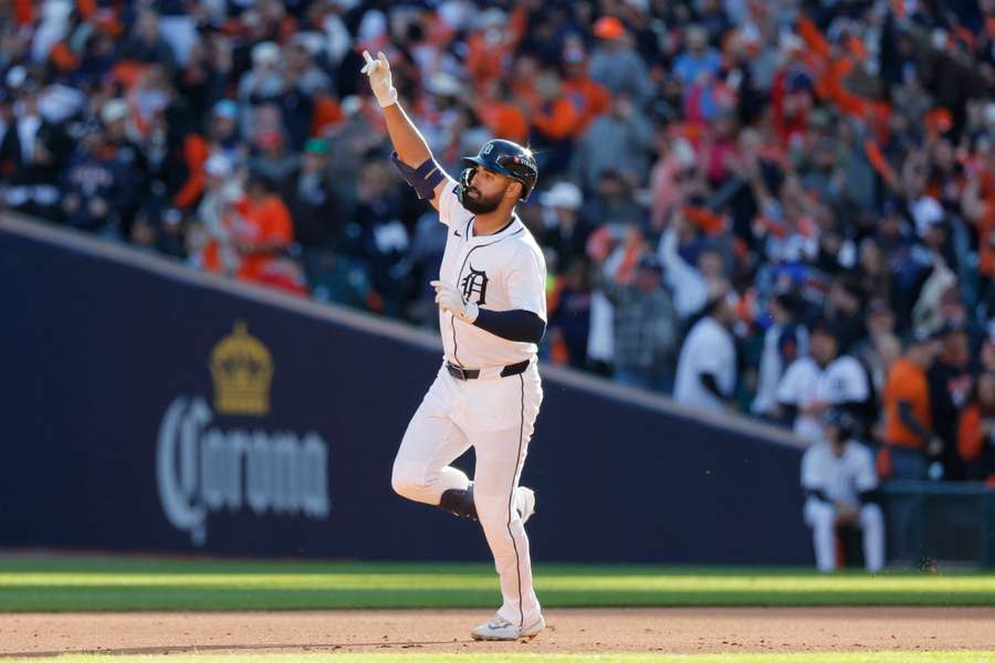 Detroit Tigers' Riley Greene celebrates after a home run against the Seattle Mariners in Game 4 of the 2025 ALDS