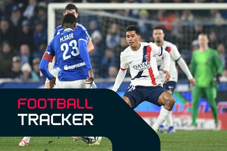 Strasbourg's Mamadou Sarr fights for the ball with Paris Saint-Germain's Senny Mayulu Strasbourg's Mamadou Sarr fights for the ball with Paris Saint-Germain's Senny Mayulu