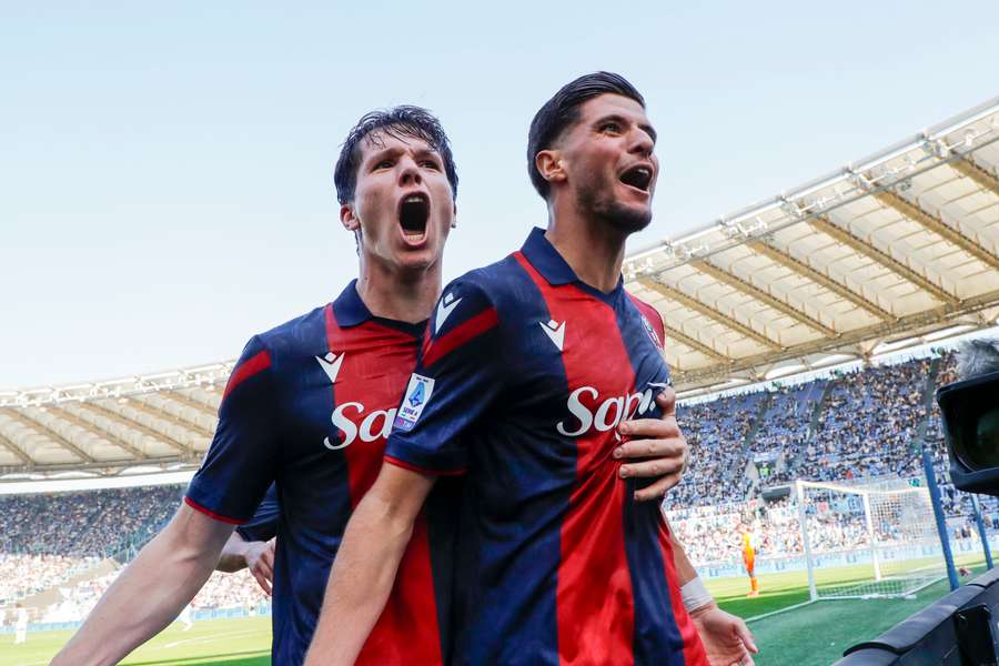 Oussama El Azzouzi of Bologna is celebrating after scoring their first goal