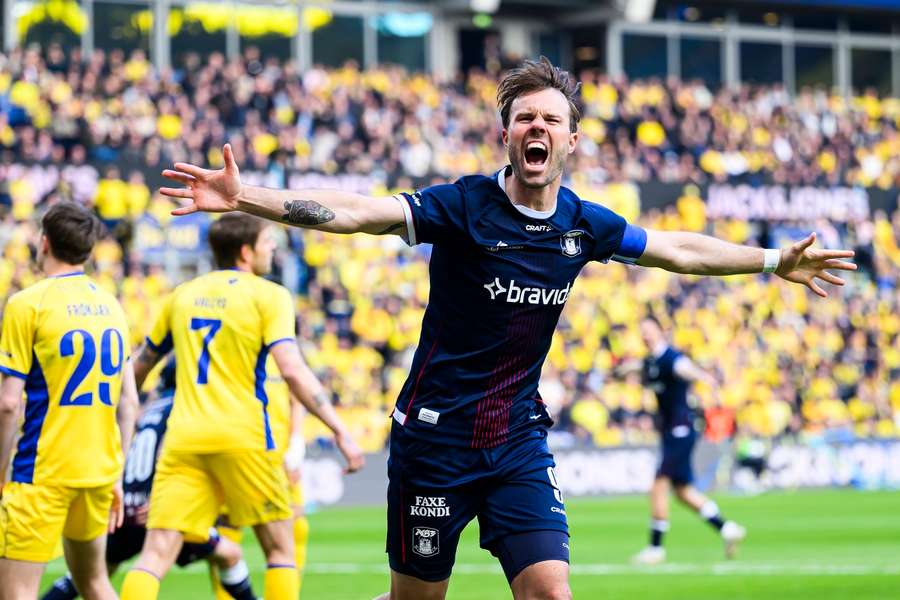 Patrick Mortensen celebrate winning the Danish championship at Brondby Stadium