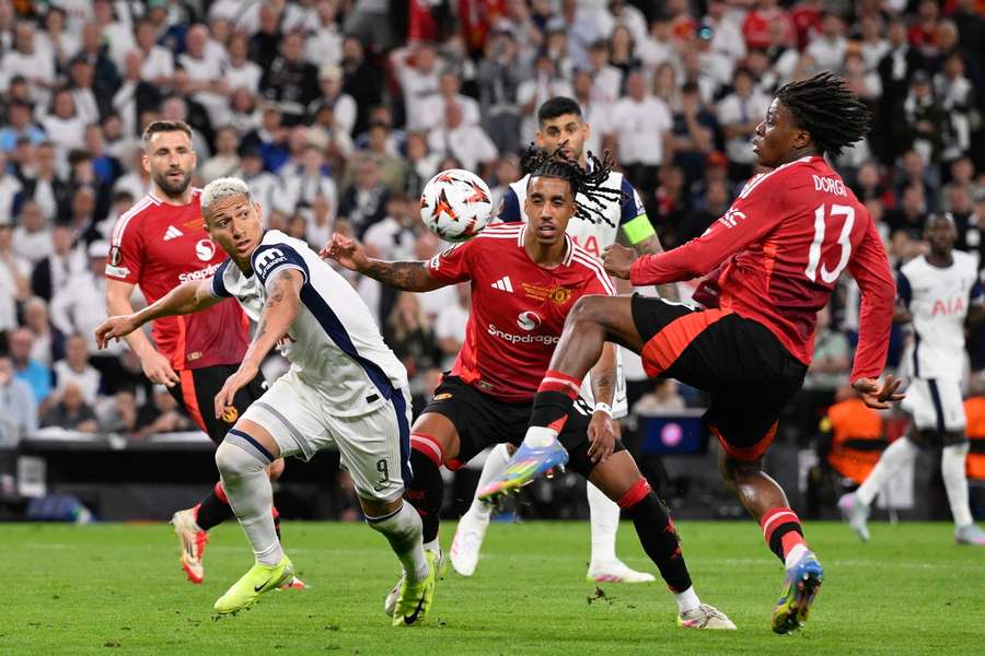 Tottenham Richarlison battles with Leny Yorom Manchester United during the Europa League League final. Tottenham Richarlison battles with Leny Yorom Manchester United during the Europa League League final.