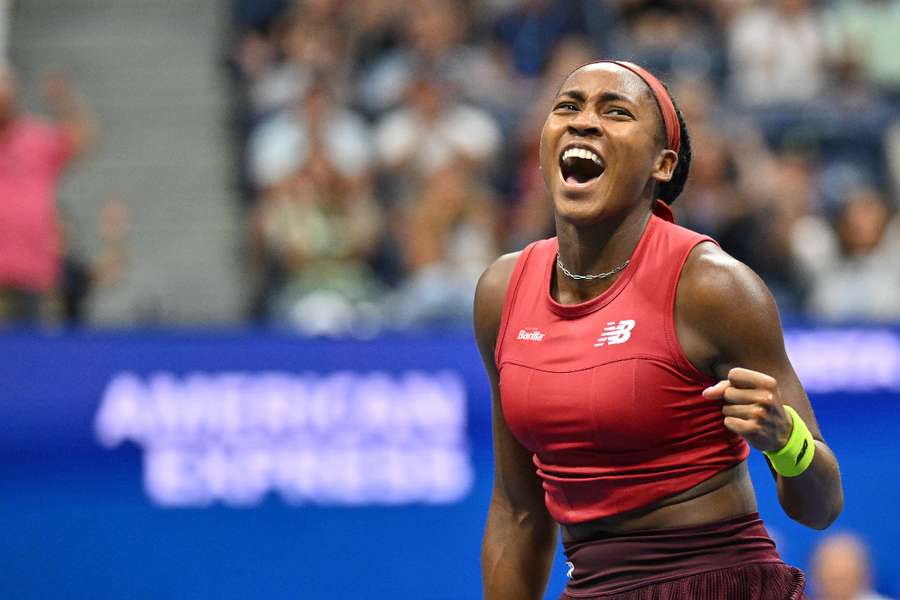 Coco Gauff reacts after winning her maiden Grand Slam at the US Open on Saturday