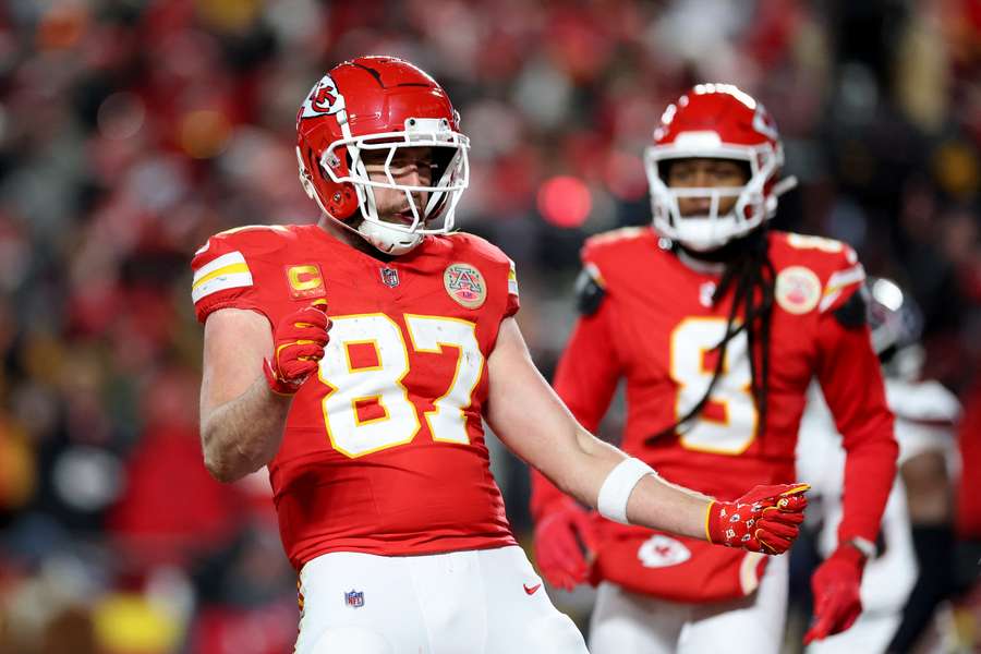 Kansas City Chiefs tight end Travis Kelce celebrating after a touchdown in the 2025 AFC Divisional Round