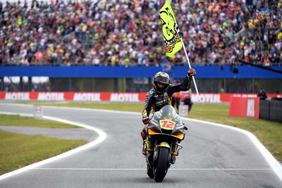 Marco Bezzecchi celebrates after finishing the Dutch MotoGP in 2022