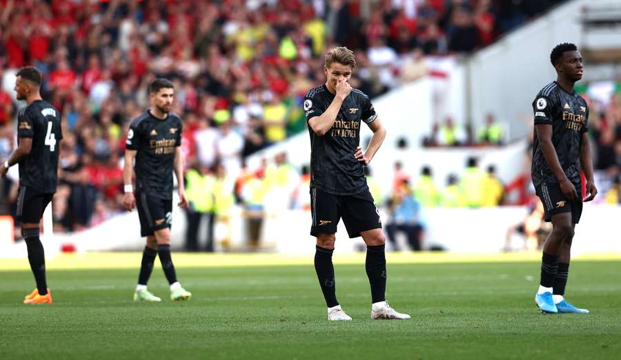 Arsenal's Norwegian midfielder Martin Odegaard reacts after the English Premier League football match between Nottingham Forest and Arsenal