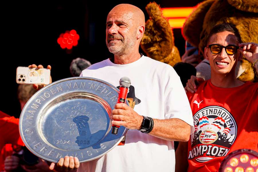 A familiar sight: PSV and manager Peter Bosz have won the last two Eredivisie titles A familiar sight: PSV and manager Peter Bosz have won the last two Eredivisie titles