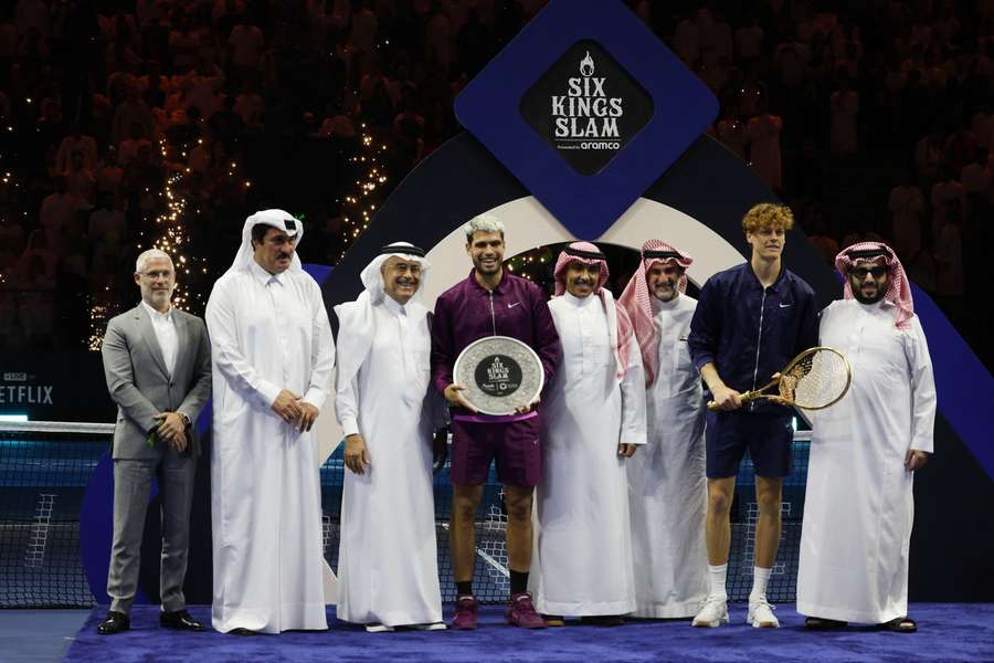 Jannik Sinner and Carlos Alcaraz pose after the Six Kings Slam event held in Saudi Arabia