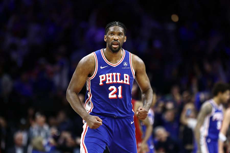Philadelphia's Joel Embiid reacts during the fourth quarter of the 76ers NBA Play-in tournament victory over the Miami Heat