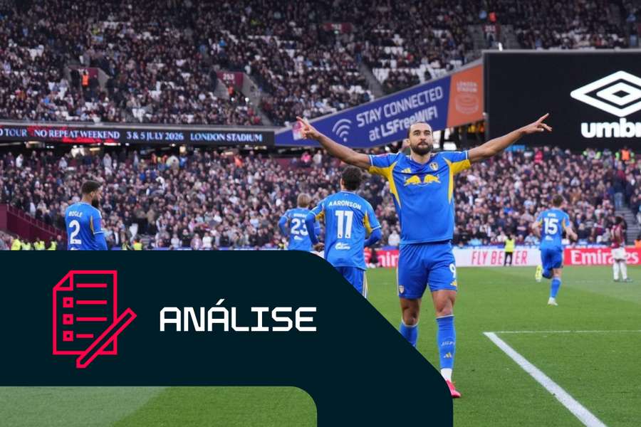 Dominic Calvert-Lewin, do Leeds, comemora um golo contra o West Ham Dominic Calvert-Lewin, do Leeds, comemora um golo contra o West Ham