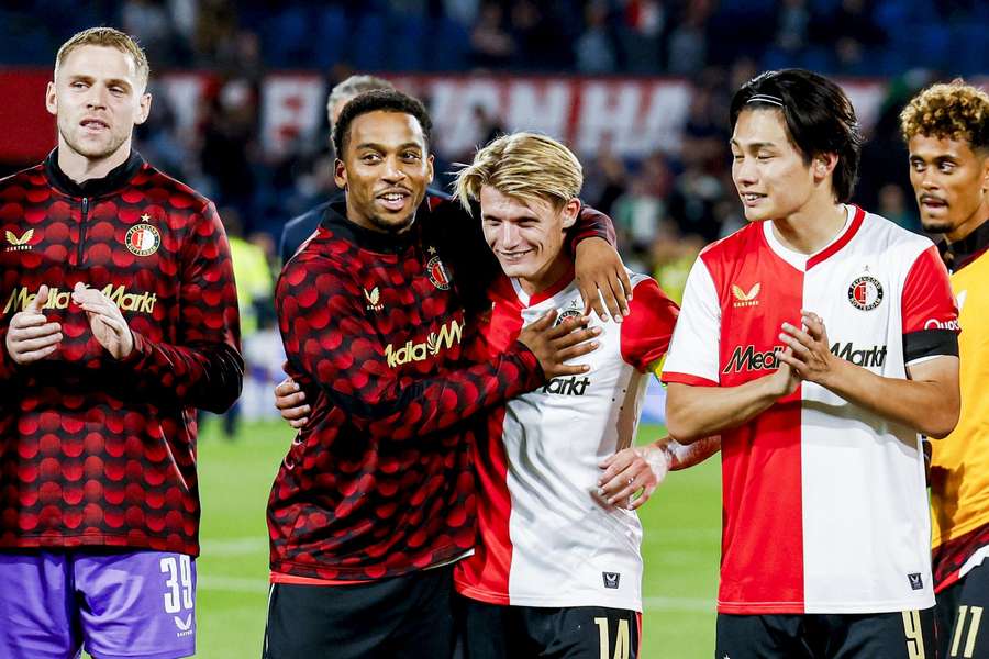 Quinten Timber embraces Sem Steijn after Feyenoord's win over Fenerbahce Quinten Timber embraces Sem Steijn after Feyenoord's win over Fenerbahce