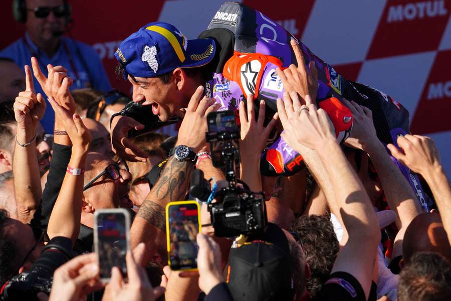 Jorge Martin celebrates becoming the new world champion after the MotoGP Solidarity Grand Prix in Barcelona