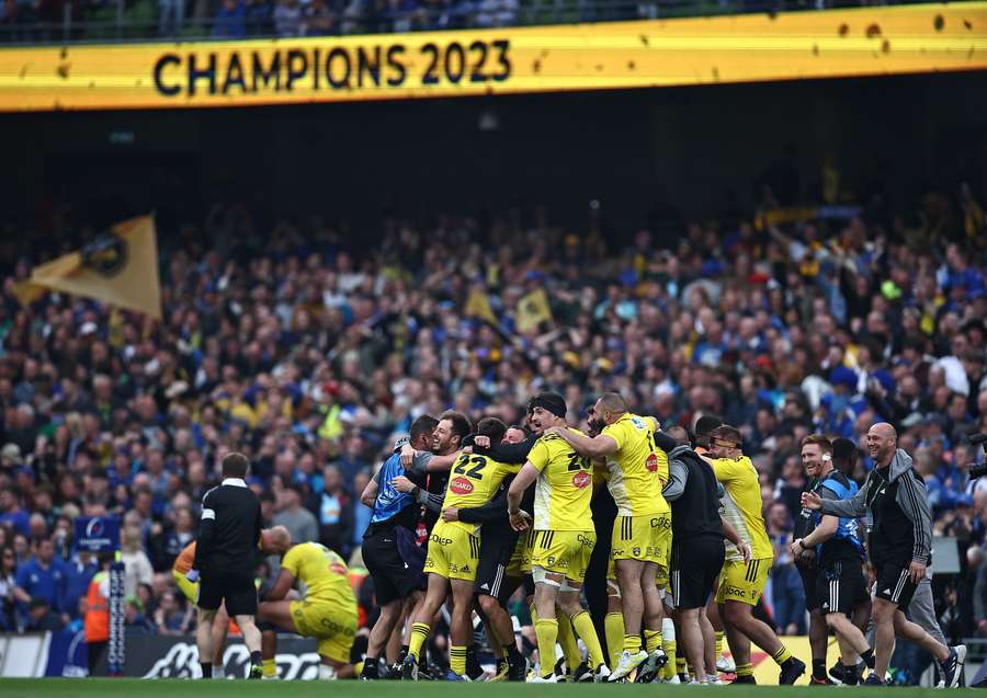 La Rochelle's players celebrate at the end of the European Champions Cup
