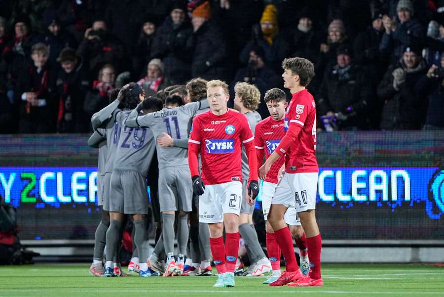 FC Midtjyllands spillere jubler efter deres femte sejr i træk