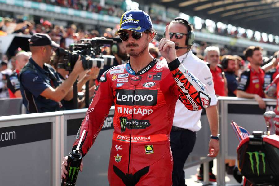 Ducati's Francesco Bagnaia celebrates winning the MotoGP at the Sepang International Circuit earlier this month