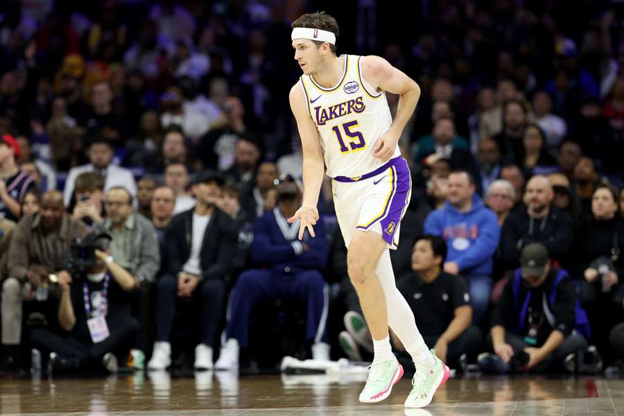 Lakers' Austin Reaves celebrates after hitting a three