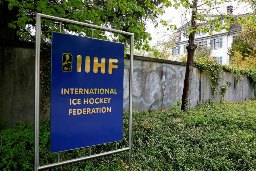 The IIHF logo in front of their HQ