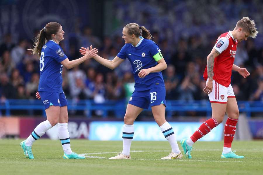 Chelsea's Magdalena Eriksson celebrates with Maren Mielde after the match