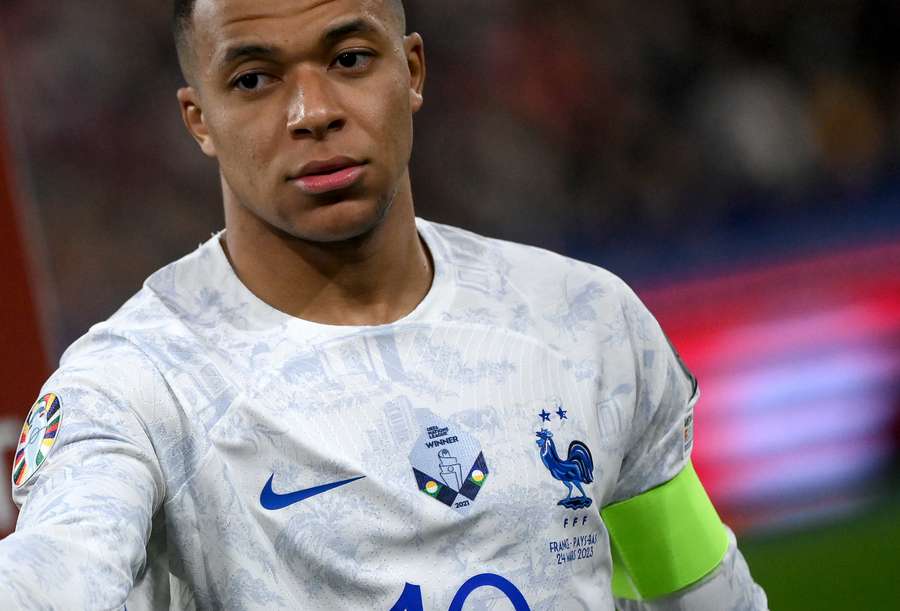 Kylian Mbappe wears the captain's armband prior to the UEFA Euro 2024 qualification football match between France and the Netherlands