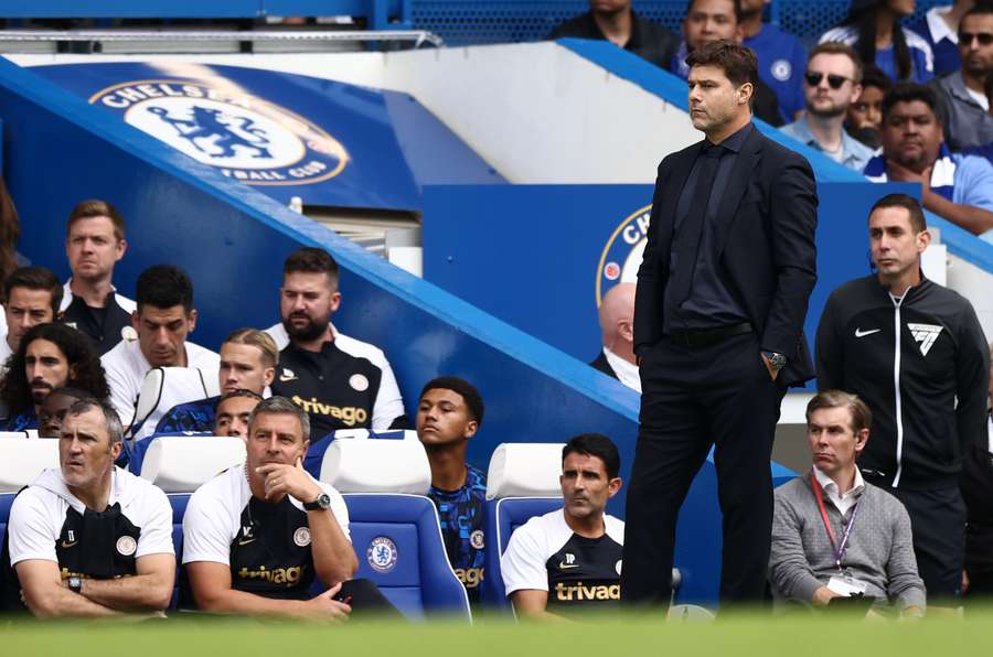 Chelsea's Argentinian head coach Mauricio Pochettino watches the players from the touchline 