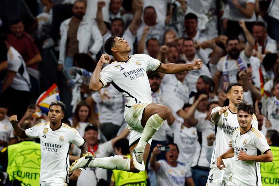 Jude Bellingham celebrates after scoring the winning goal for Real Madrid