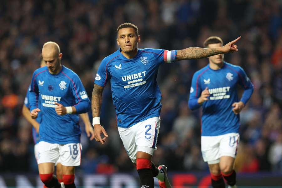 James Tavernier celebrates scoring Rangers' second goal against Dundee