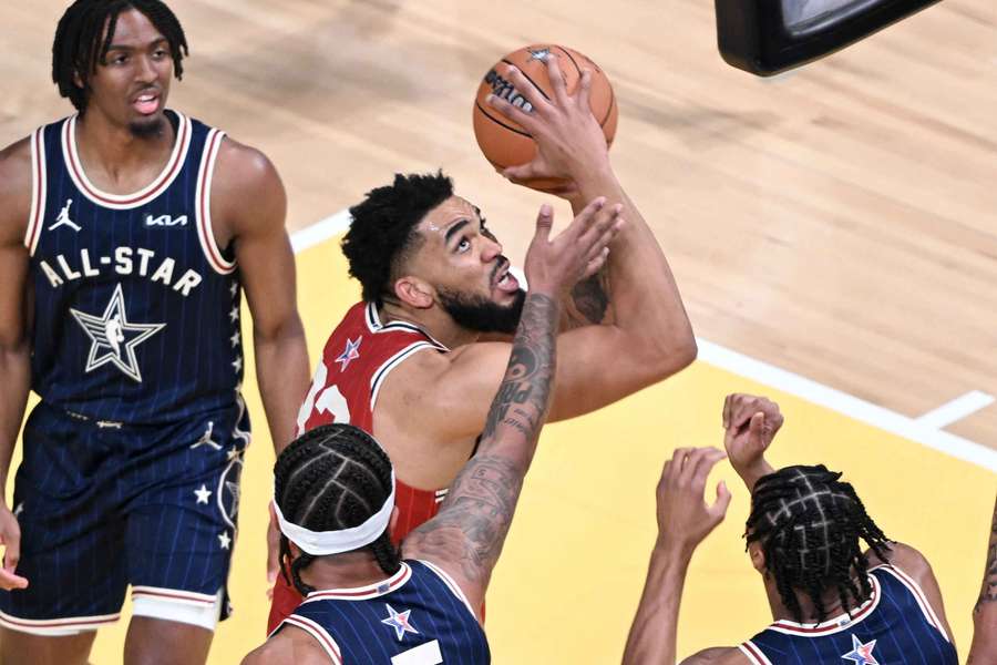 Karl-Anthony Towns attempts a shot during the 2025 NBA All-Star Game