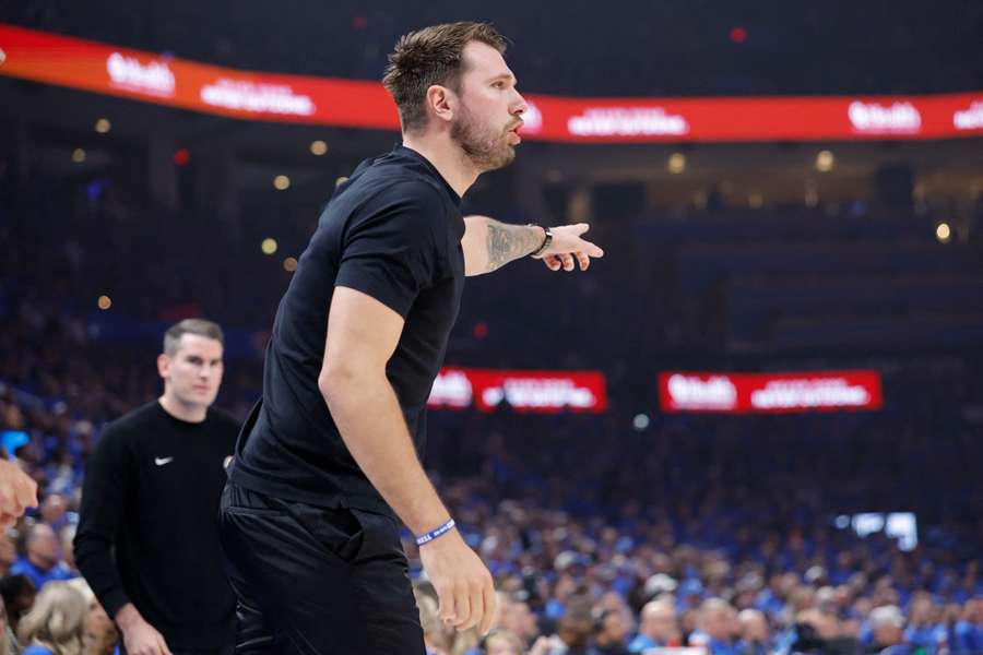 Los Angeles Lakers guard Luka Doncic yells to his team during a play against the Oklahoma City Thunder during Game 1