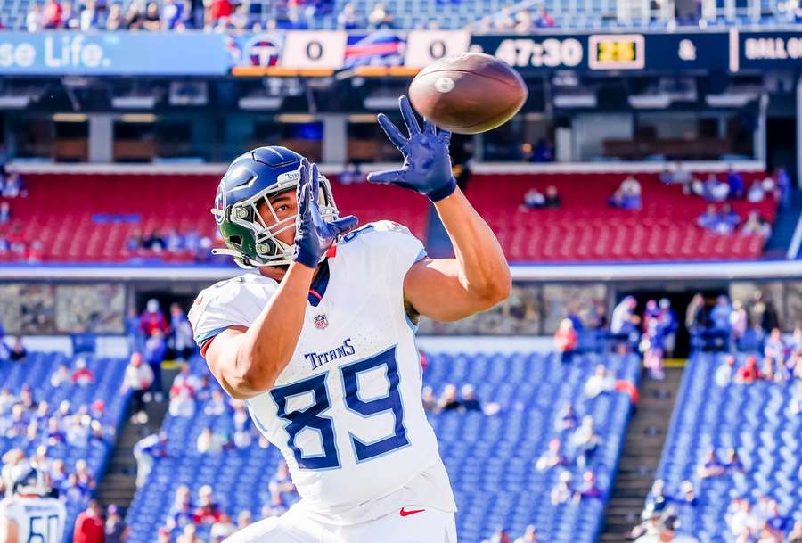 Thomas Odukoya catches a pass during warmups before his first NFL game against the Buffalo Bills