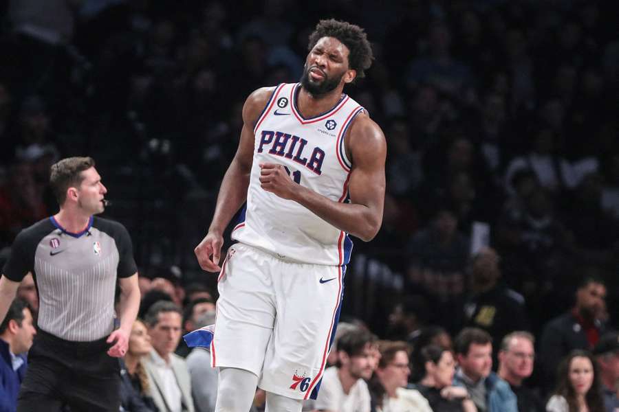 Philadelphia 76ers centre Joel Embiid grimaces during game three of the 2023 NBA playoffs against the Brooklyn Nets