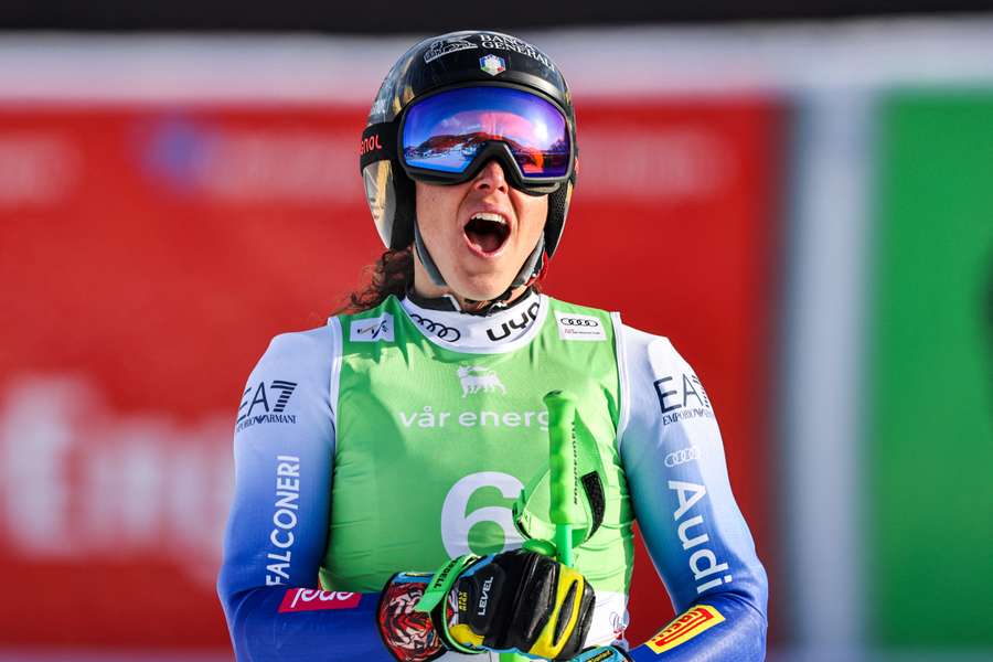 Italy's Federica Brignone reacts after her run in the women's super-G race of the FIS Alpine World Cup in Kvitfjell