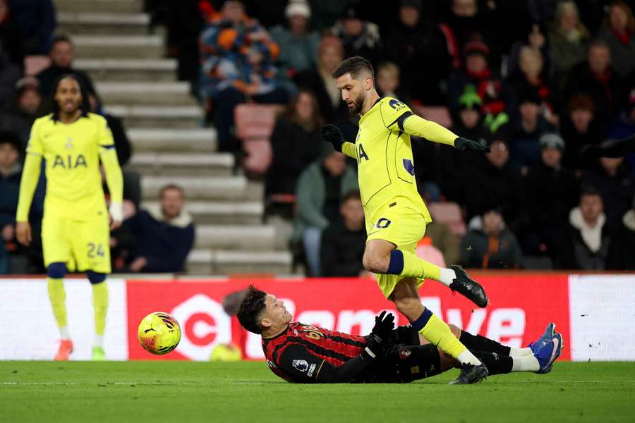Bournemouth's Evanilson in action with Tottenham Hotspur's Rodrigo Bentancur