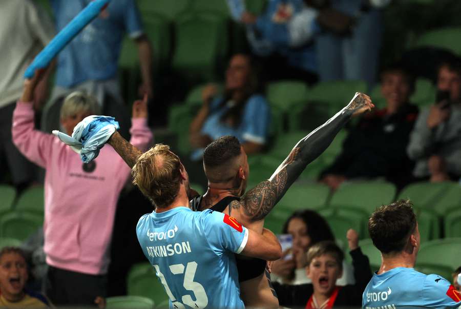 Melbourne City defender Germán Ferreyra celebrates his first A-League goal in their weekend win over Brisbane Roar. 