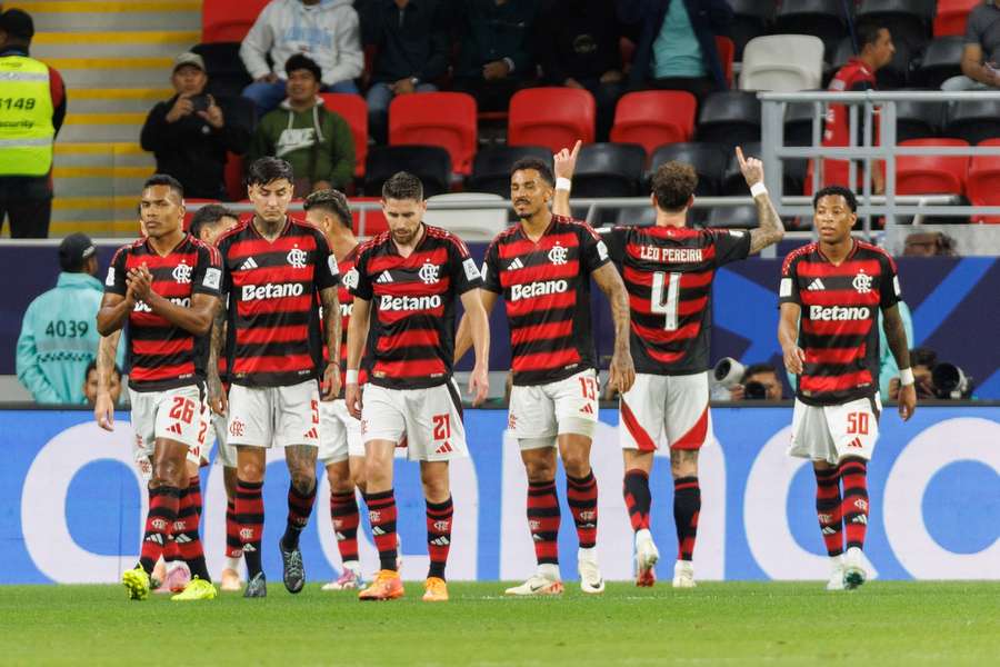 Flamengo players celebrate a goal during the match against Pyramids AFC
