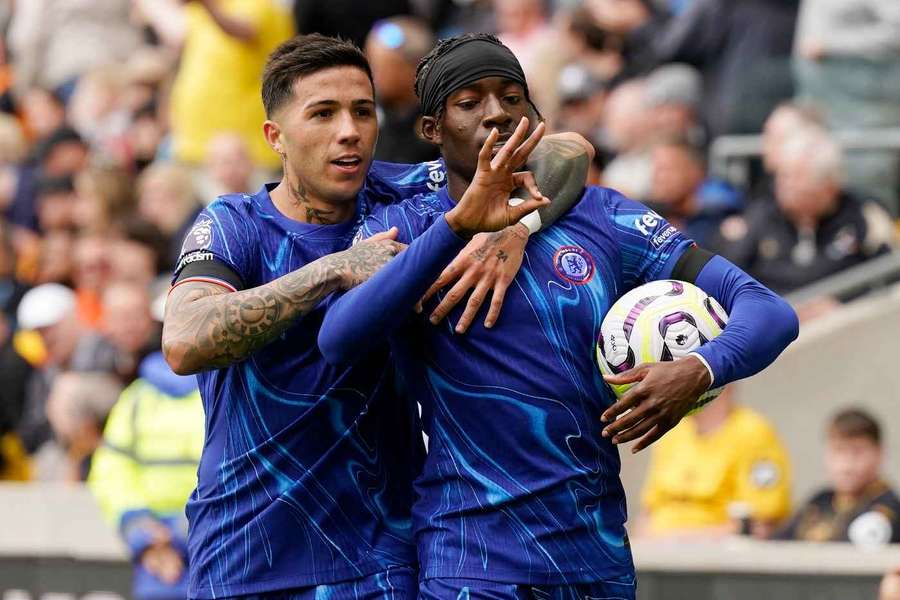 Noni Madueke of Chelsea celebrates scoring their fifth and his hat-trick goal 