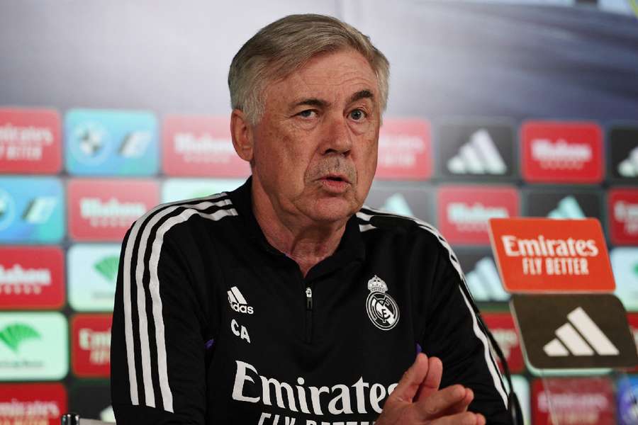 Real Madrid's Ancelotti speaks during a press conference on Tuesday