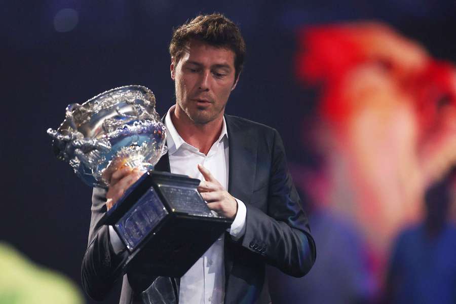 Marat Safin presents the trophy ahead of the 2020 Australian Open final