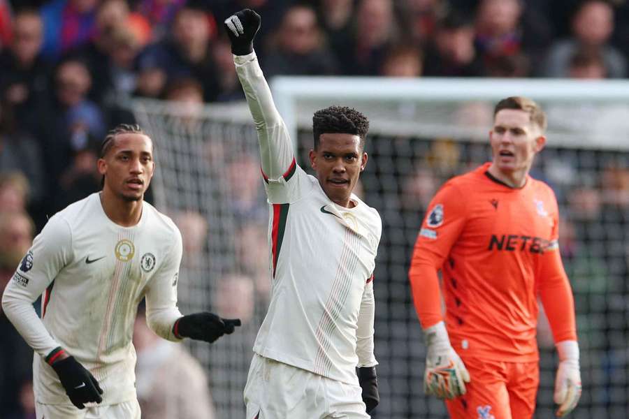 Chelsea forward Estevao celebrates his goal against Crystal Palace
