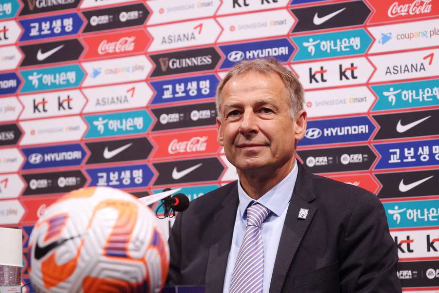 South Korean national soccer team's new head coach Jurgen Klinsmann attends a news conference