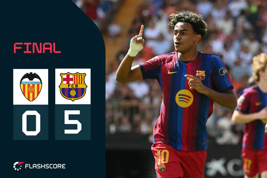 Lamine Yamal anotó el 0-1 y el 0-5 en Valencia Lamine Yamal anotó el 0-1 y el 0-5 en Valencia